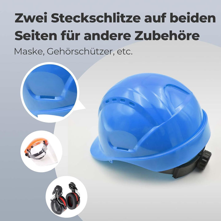 Bauhelm EN397, Mustbau Sicherheitshelm, Arbeitshelm Schutzhelm mit DIY Steckplätze für 53-65 cm Kopf