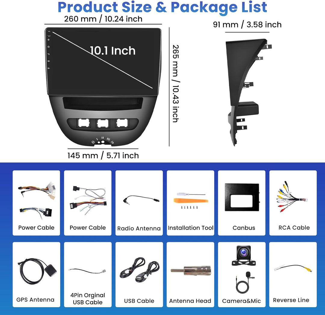 Inefala Autoradio für Peugeot 107/Toyota Aygo/Citroen C1 2004-2014, 2G+64G Android 15, Wireless Carp