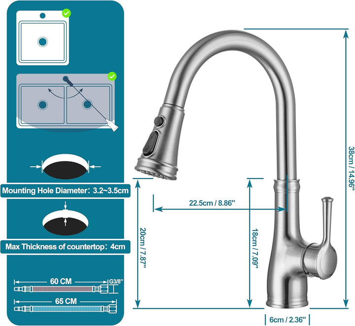 Wasserhahn Küche, Hochdruck Küchenarmatur mit Brause Ausziehbar, Mischbatterie Küche mit 3 Strahlart