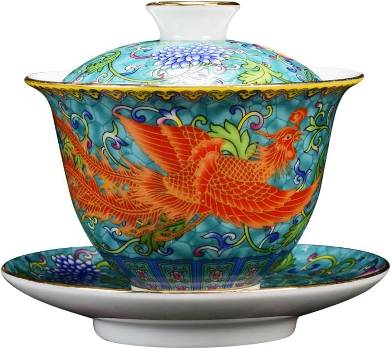 Emaille-Teetasse, Kung-Fu-Teetasse, traditionelles chinesisches Gaiwan-Porzellan, mit Deckel und Unt