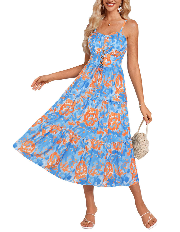 GRACE KARIN Damen Sommerkleid A-Linie Blumenkleid Casual Strandkleid Trägerkleid Midi Boho Kleid Fre