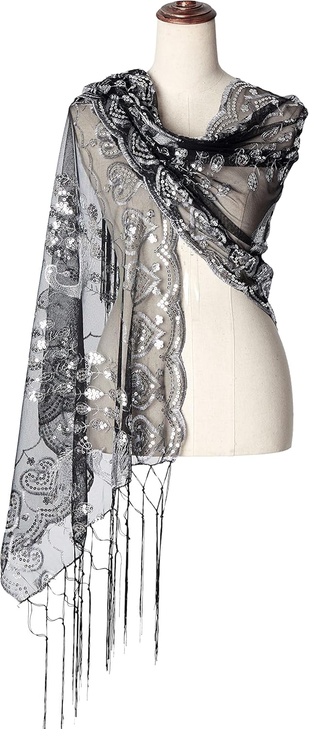 BABEYOND Damen Pashmina-Schal Einheitsgrösse Schwarz/Silberfarben, Einheitsgrösse Schwarz/Silberfarb