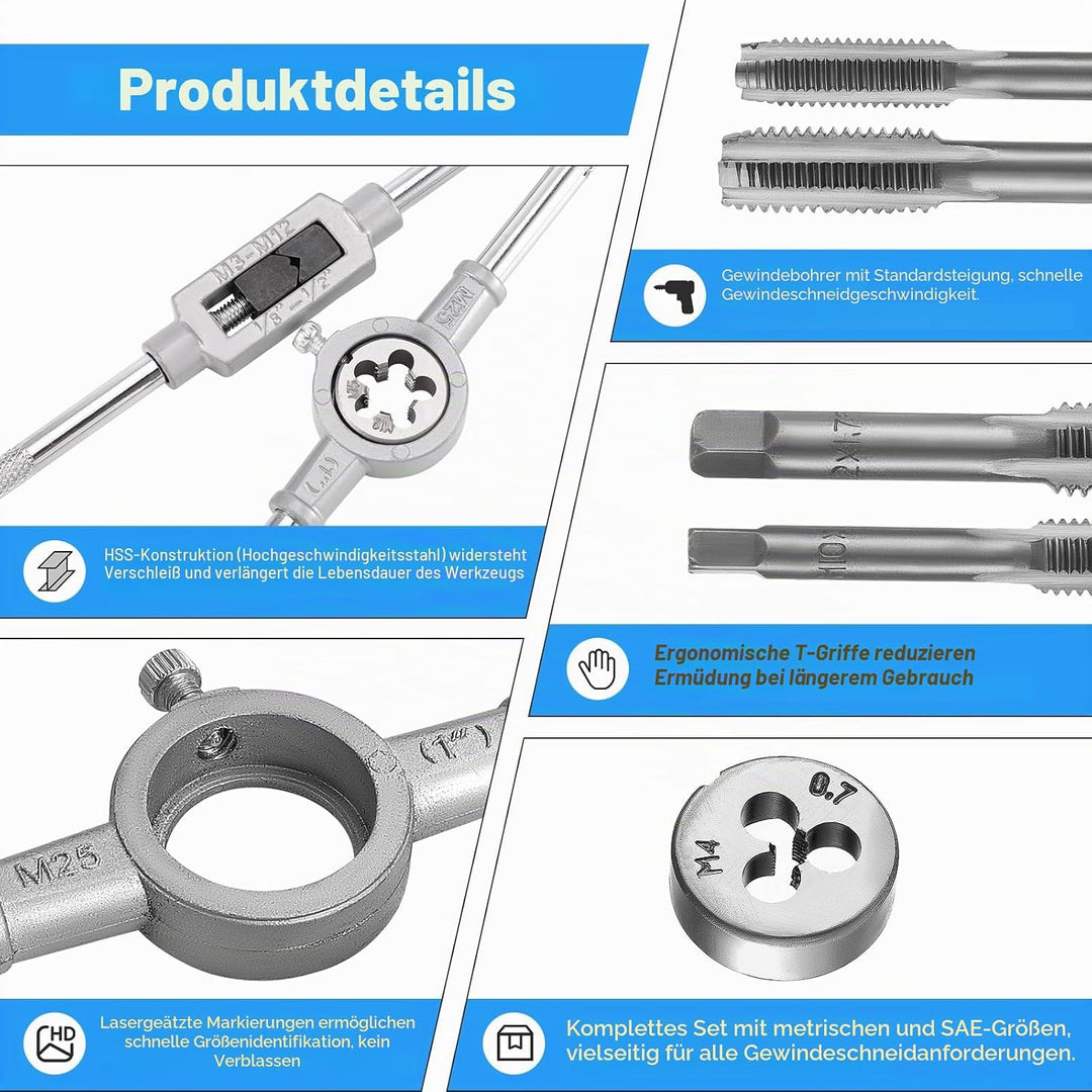 Gewindeschneider Set Metrisch M3-M12 Gewindeschneidsatz, Gewindebohrer Schneideisen Set mit Bohrer,