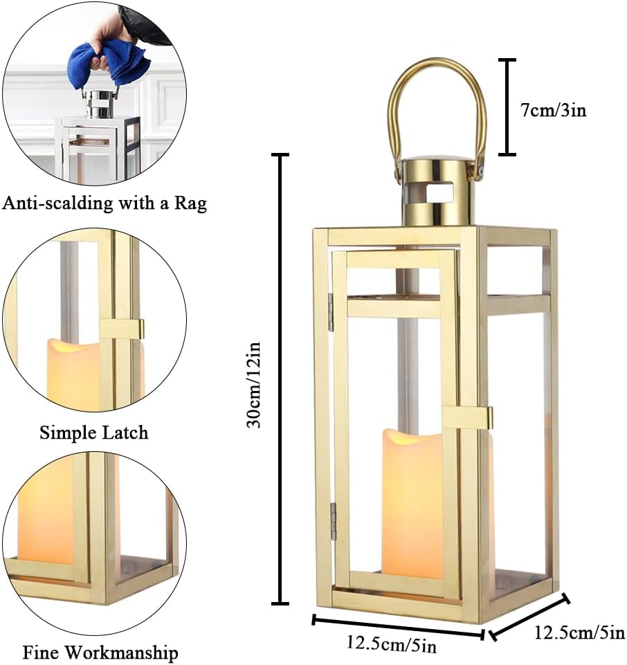 TRIROCKS Dekorative Laterne aus Edelstahl 30 cm hoher Kerzenhalter aus Metall mit klaren Glasscheibe