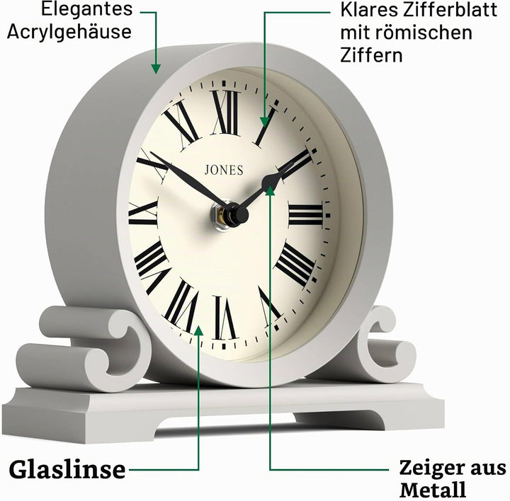 JONES CLOCKS® Saloon Kaminsims Uhr | Klein traditionelles doppelschneckendesign | Grau | Römische zi