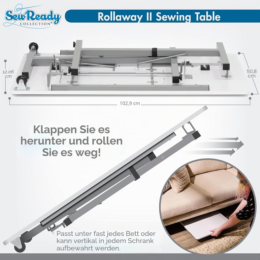 Rollaway II Nähtisch, faltbar, tragbar, kompakt, silberfarben und weiss
