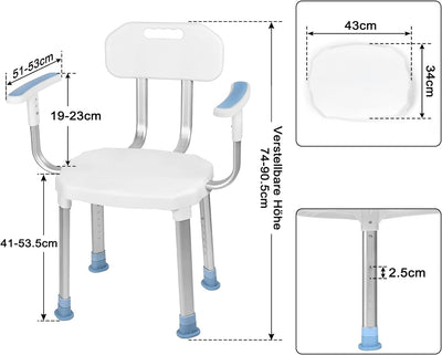 YRHome Duschhocker Duschstuhl Höhenverstellbar Anti-Rutsch mit Rückenlehne und Armlehnen Duschhilfe