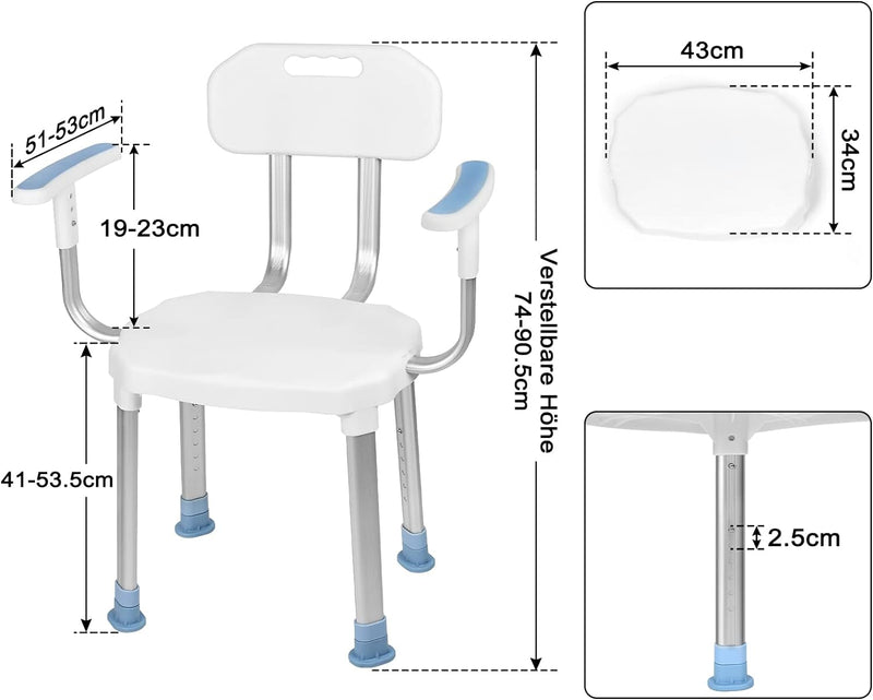 YRHome Duschhocker Duschstuhl Höhenverstellbar Anti-Rutsch mit Rückenlehne und Armlehnen Duschhilfe