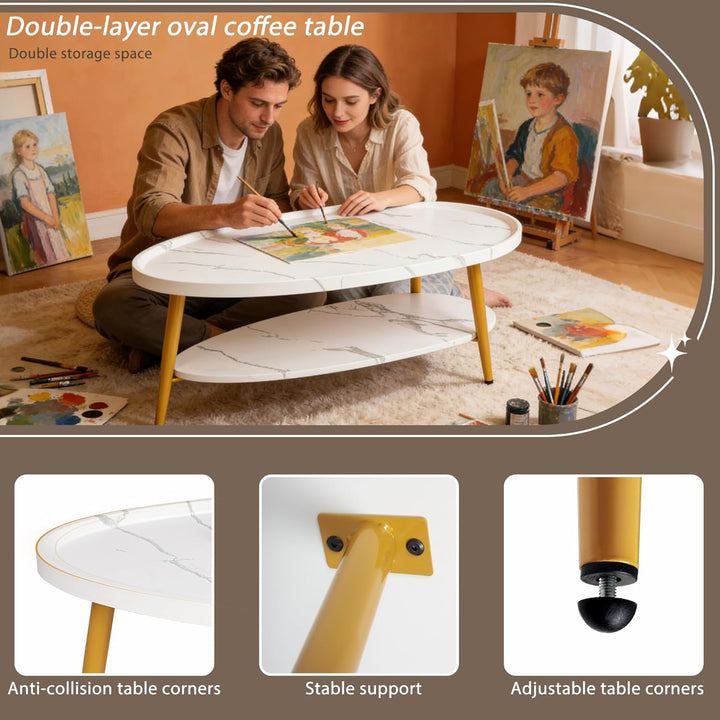 Couchtisch Oval Holz | Wohnzimmertisch Sofatisch mit Metallrahmen | Einfacher Aufbau, Industrie-Desi