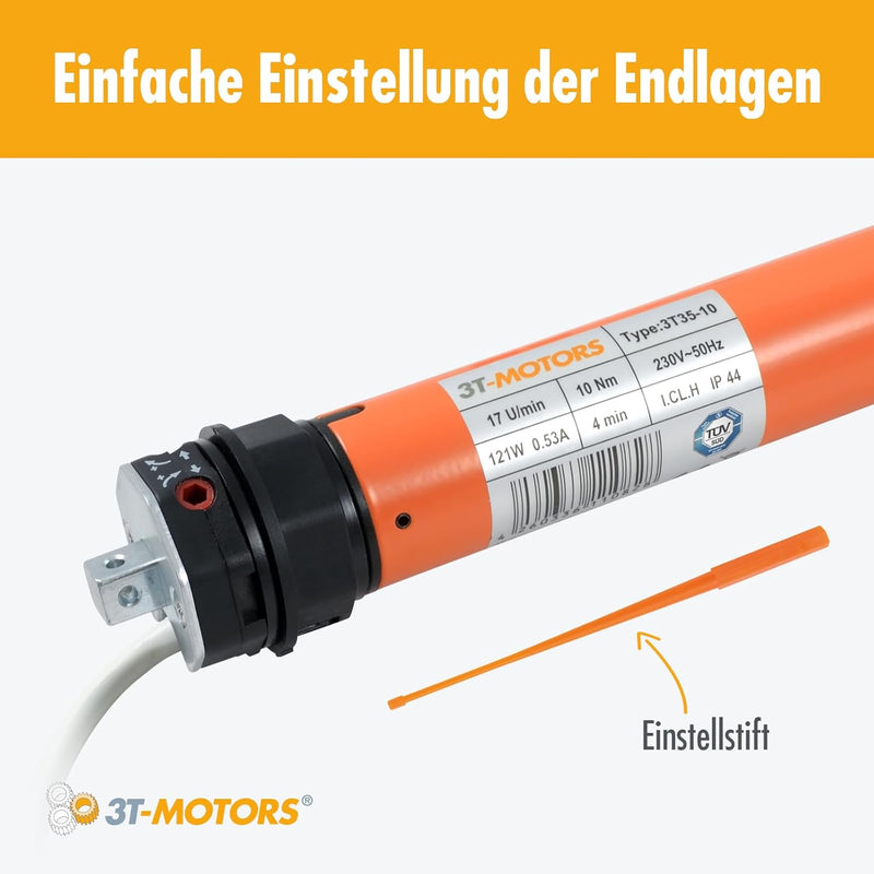 3T-MOTORS Rollladenmotor 3T35-10 (Zugkraft 10 Nm/25 kg) für 40 mm 8kant Rollladenwelle (SW40), mit m