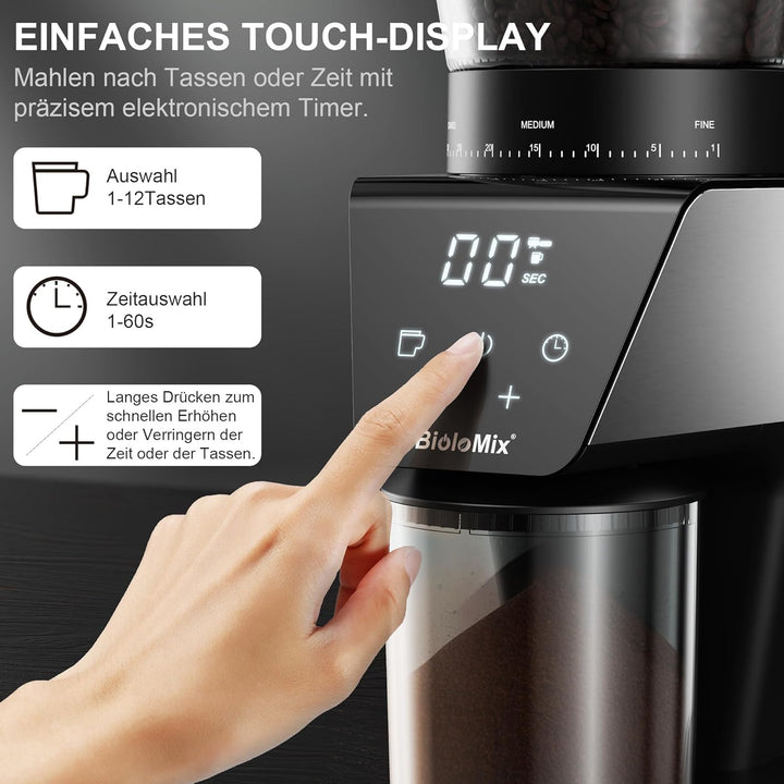 Biolomix Elektrische Kegelmühlen Mit Touchscreen Digitaltimer Display Und Portafilter Wiege, Elektri