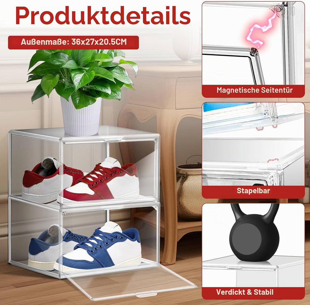12 Stück Kunststoff Schuh Aufbewahrung Box Fit EU 46, stapelbare Schuh Display Case mit Magnet Acryl