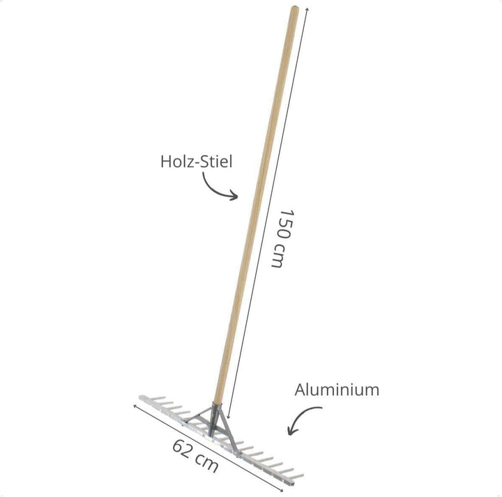 Rekord Aluminium Rechen leicht mit 16 Zinken Breite 62 cm - mit Stiel 150 cm, Rasenrechen, Gartenrec