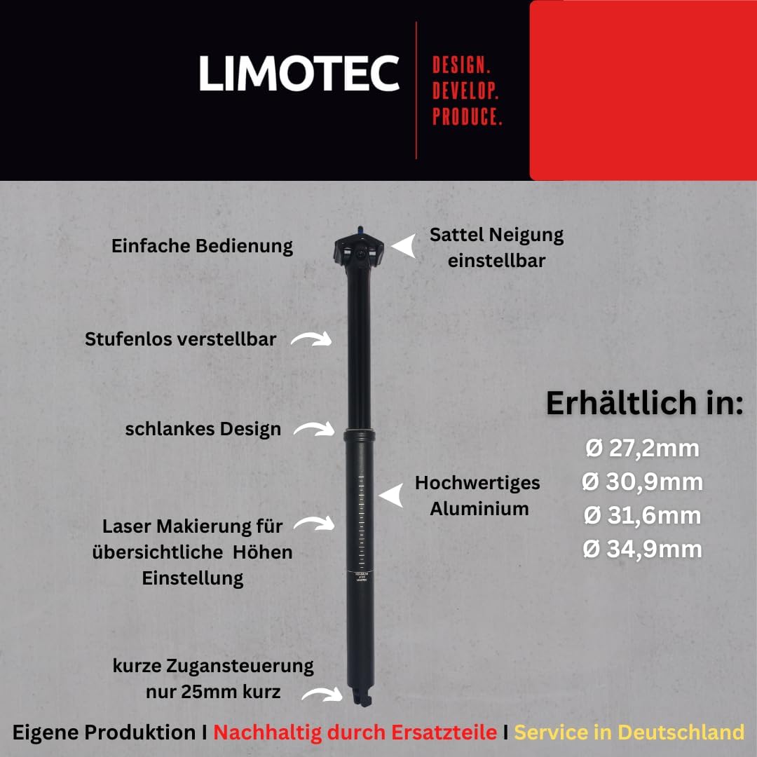 Limotec A3 Höhenverstellbare Vario Sattelstütze mit Federung in Soft & Hart in 30.9/31.6Ø mit Hub 40