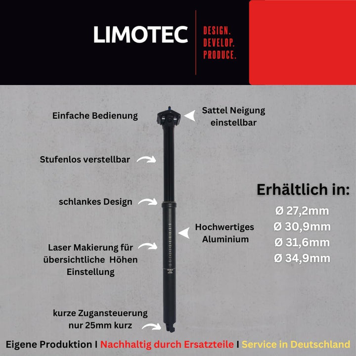 Limotec A3 Höhenverstellbare Vario Sattelstütze mit Federung in Soft & Hart in 30.9/31.6Ø mit Hub 40