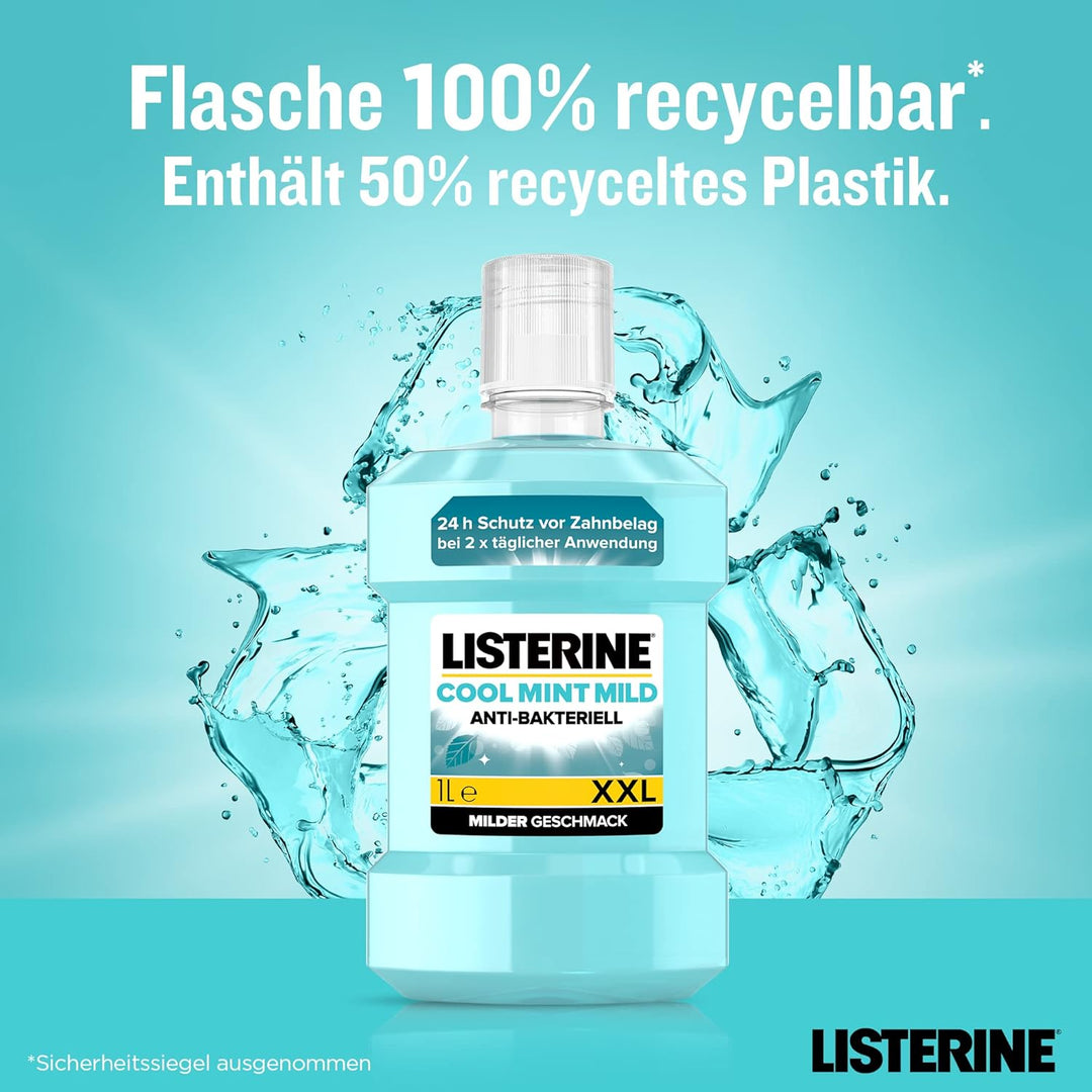 LISTERINE Cool Mint Mundwasser (2 x 1000 ml), antibakterielle Mundspülung mit ätherischen Ölen & int