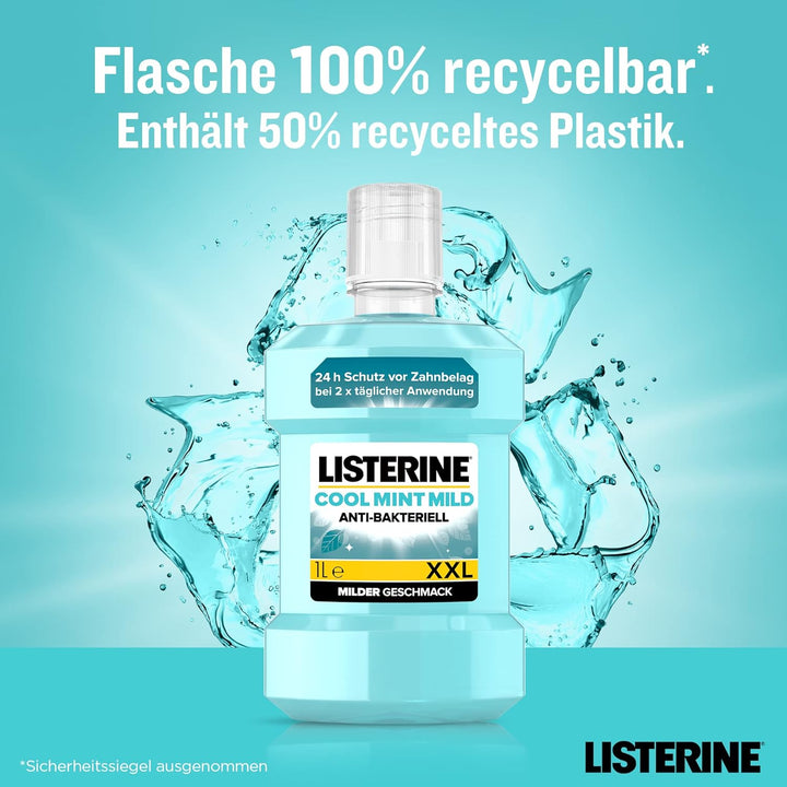 LISTERINE Cool Mint Mundwasser (2 x 1000 ml), antibakterielle Mundspülung mit ätherischen Ölen & int