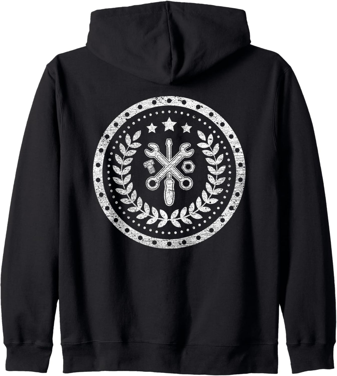Mechaniker und Bastler Logo mit Werkzeug und Ehrenkranz Kapuzenjacke
