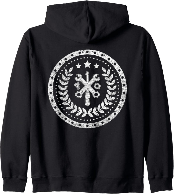 Mechaniker und Bastler Logo mit Werkzeug und Ehrenkranz Kapuzenjacke