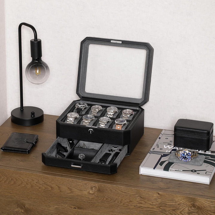 ROTHWELL Uhrenbox aus Leder mit 8 Schlitzen und Aufbewahrungsschublade – luxuriöser Schmuck-Organize