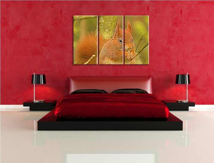 Kleines Eichhörnchen 3 Teilig, Gesamtgrösse 120x80 cm auf Leinwand, XXL riesige Bilder fertig gerahm