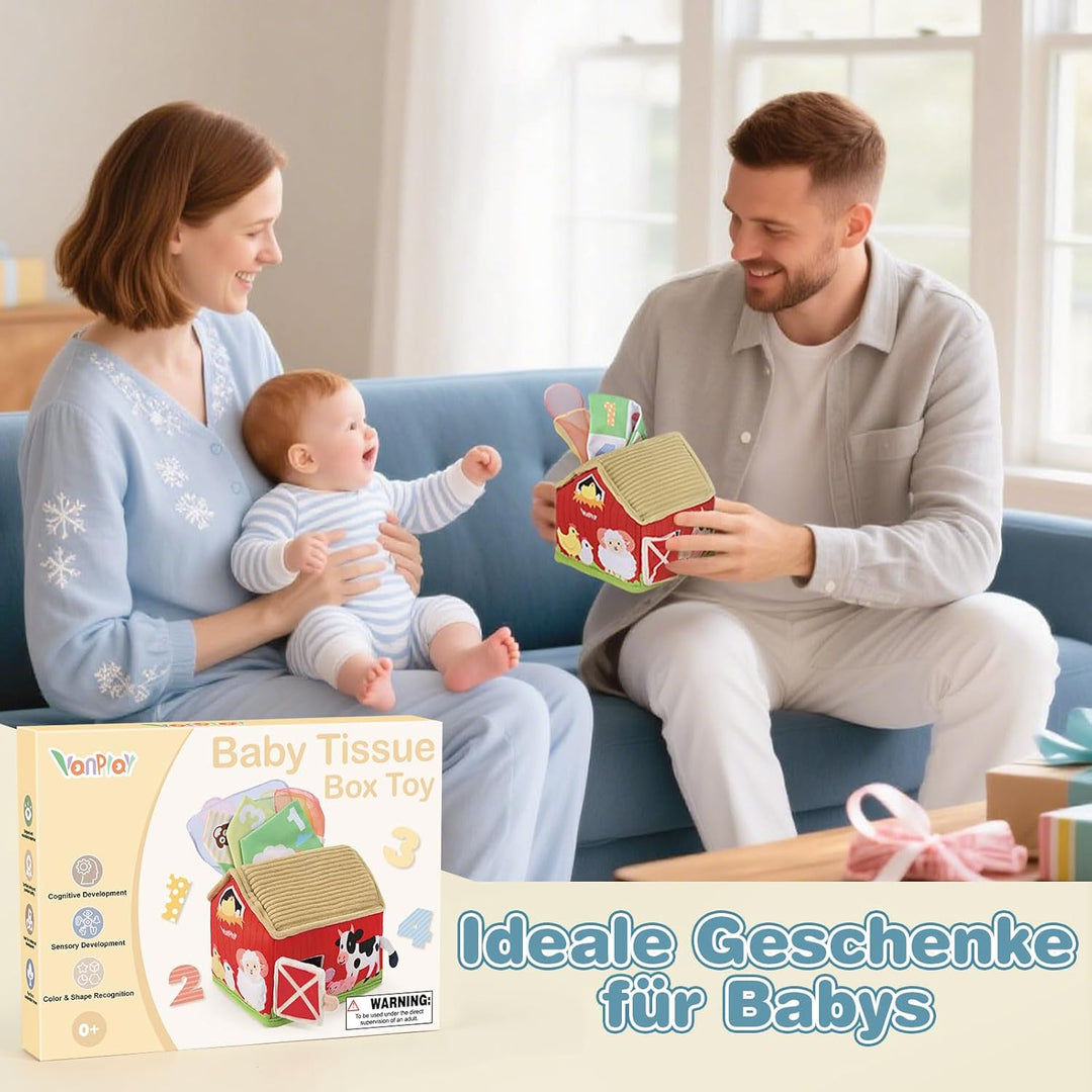 Vanplay Baby Spielzeug 6 Monate, Montessori Spielzeug Bauernhof-Thema Tissue Box Spielzeug mit Schal