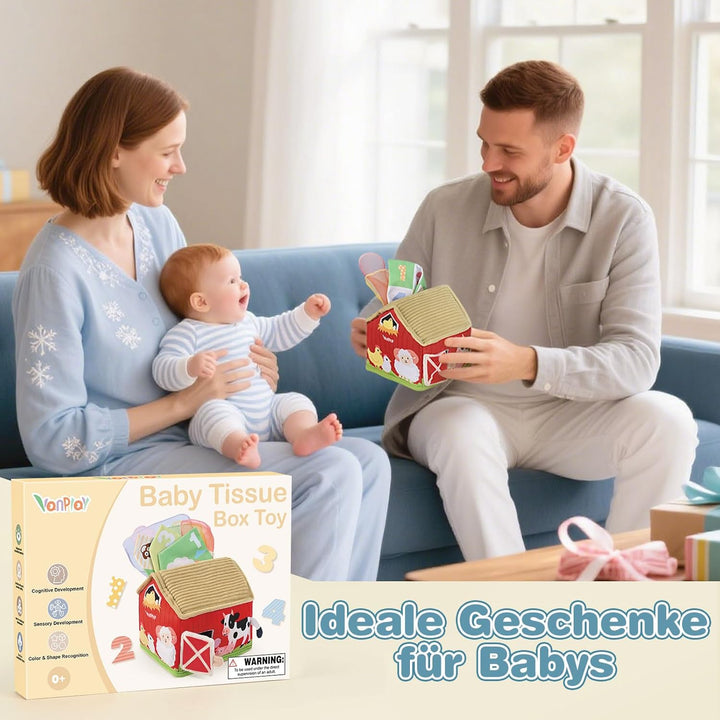 Vanplay Baby Spielzeug 6 Monate, Montessori Spielzeug Bauernhof-Thema Tissue Box Spielzeug mit Schal