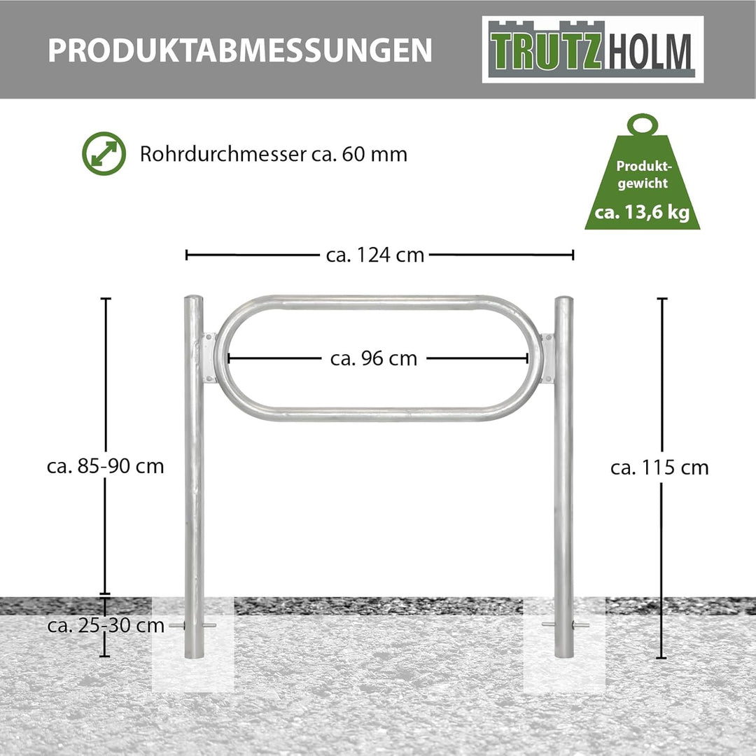 TRUTZHOLM 2x Fahrradanlehnbügel 115 x 124 cm mit Mittelrahmen Stahl feuerverzinkt Ø 60 mm zum Einbet