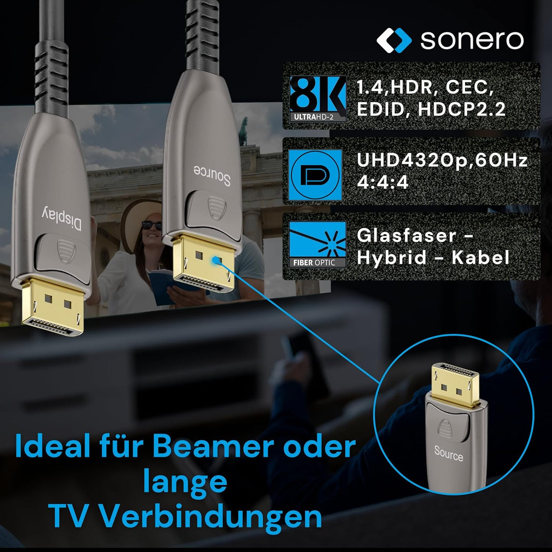 Sonero® 8K-DisplayPort 1.4 Kabel, Glasfaser-Hybrid-Kabel, Auflösung bis 8K 60 Hz (7680 x 4320) / 4K