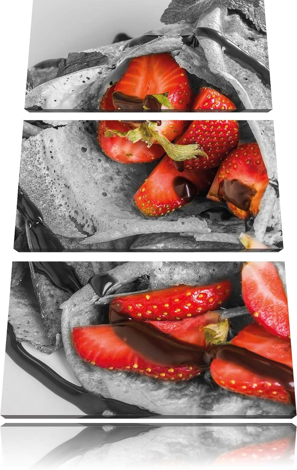 Pixxprint leckere Crepes mit Erdbeeren und Schokoglasur schwarz/weiss 3-Teiler Leinwandbild 120x80 B