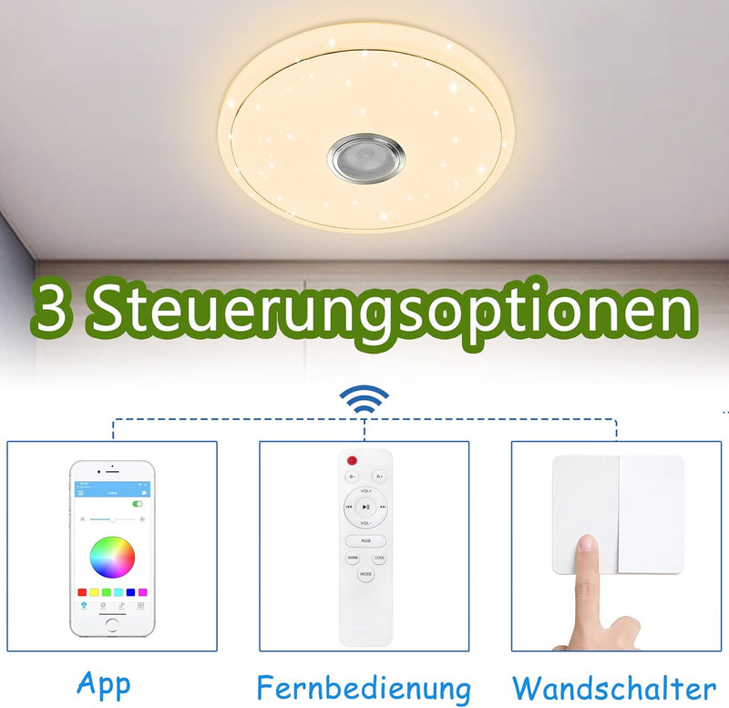 YRHome 48W LED Deckenleuchte Dimmbar mit Bluetooth Lautsprecher Deckenlampe Sternenhimmel RGB Farbwe