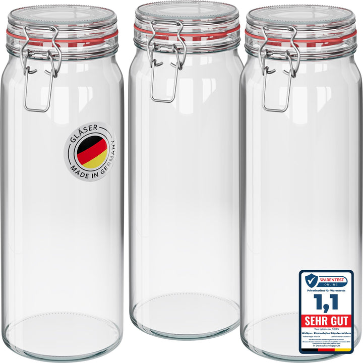 WELLGRO 3x Einmachgläser mit Bügelverschluss rund 2160ml, Fermentierglas, Vorratsgläser mit Deckel -