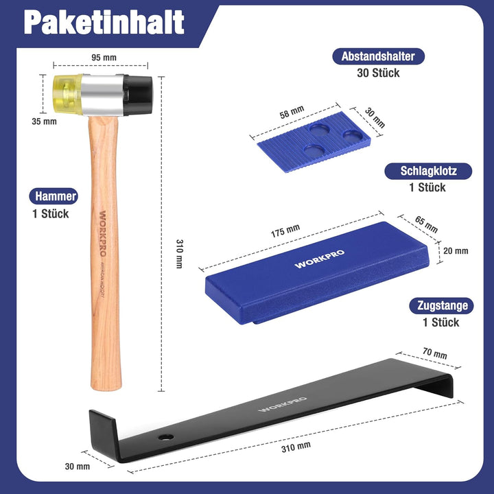 WORKPRO Laminat Verlegeset, Werkzeug zum Verlegen von Laminat mit 30 Abstandshalter, doppelseitigem