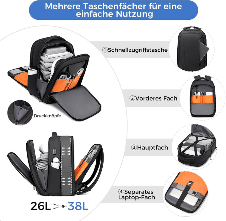 Business Rucksack Herren, USB-Anschluss – Arbeitsrucksack-Travelite Rucksack Erweiterbar 26L-38L für