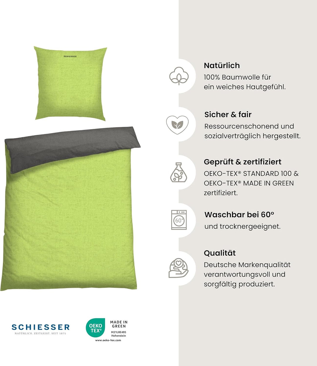 Schiesser Wende-Bettwäscheset Doubleface in angenehm glatter Renforcé Qualität, Made IN Green, Farbe