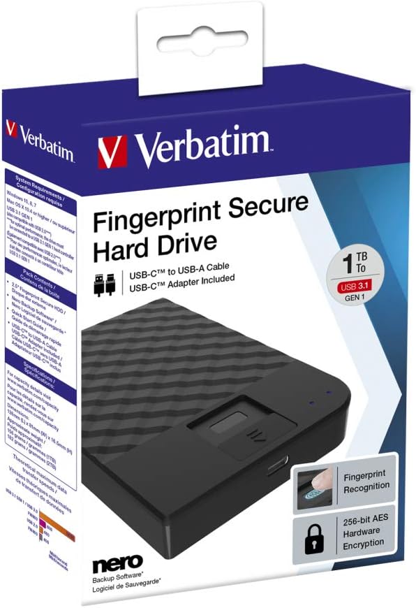 Verbatim Fingerprint Secure, 1 TB, Schwarz, Externe Festplatte mit Fingerabdruckscanner, USB 3.1 GEN