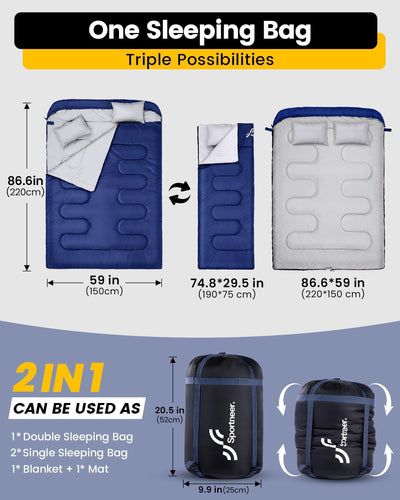 Schlafsack Outdoor: Sportneer Schlafsäcke 2 Personen Doppelschlafsack 220x150cm, 3.5kg mit 2 Kissen,