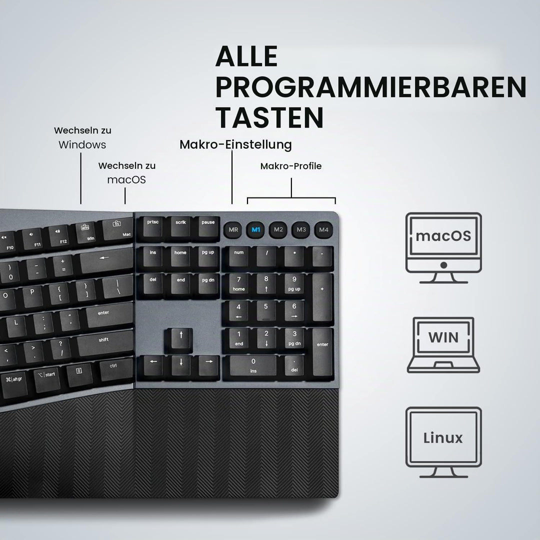 Perixx PERIBOARD-535 RD Ergonomische mechanische Tastatur in voller Grösse - Flache rote lineare Tas