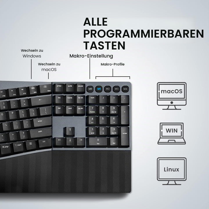 Perixx PERIBOARD-535 RD Ergonomische mechanische Tastatur in voller Grösse - Flache rote lineare Tas