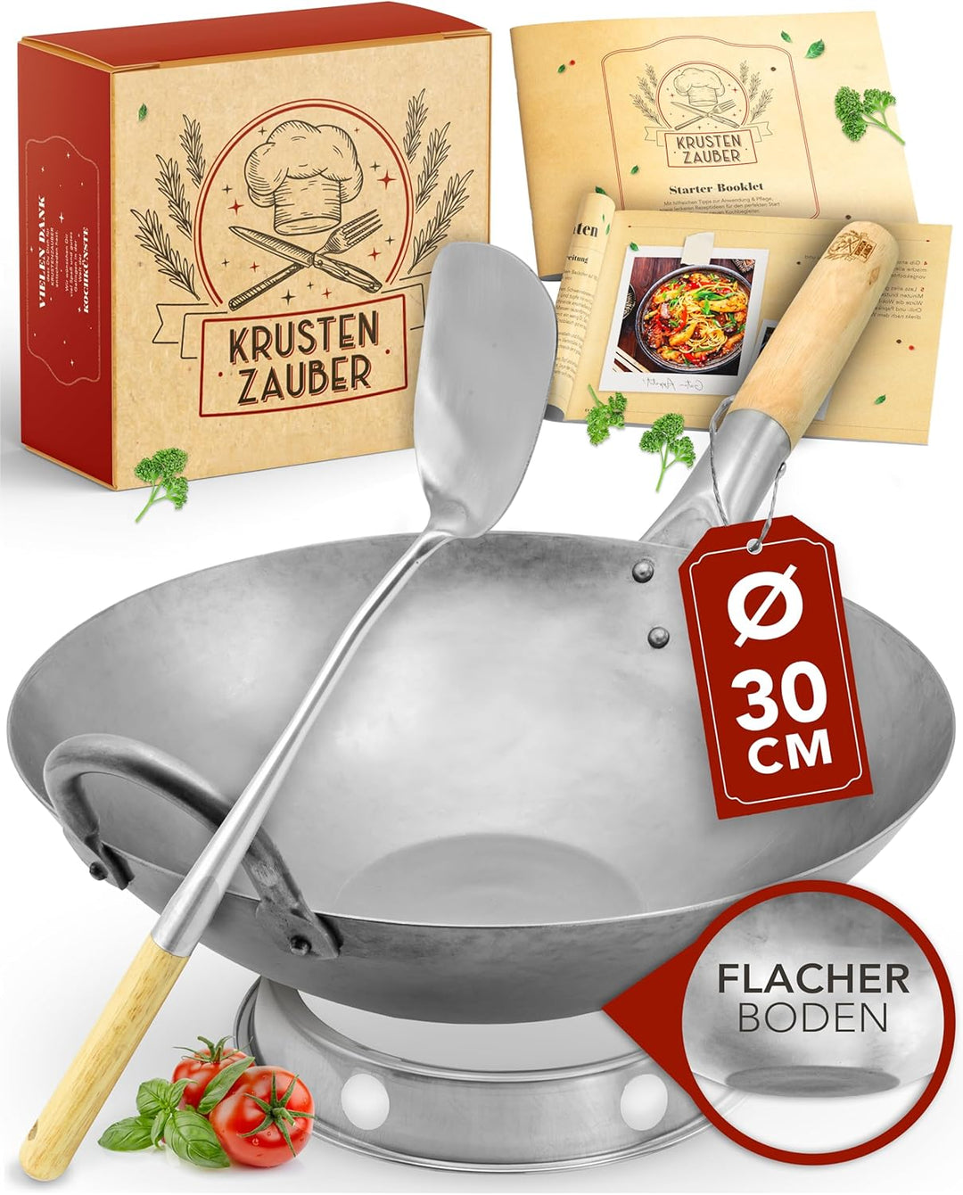 KRUSTENZAUBER 30cm Wokpfanne Induktion flacher Boden - Traditionelle Stahlwokpfanne mit Wokwender u.