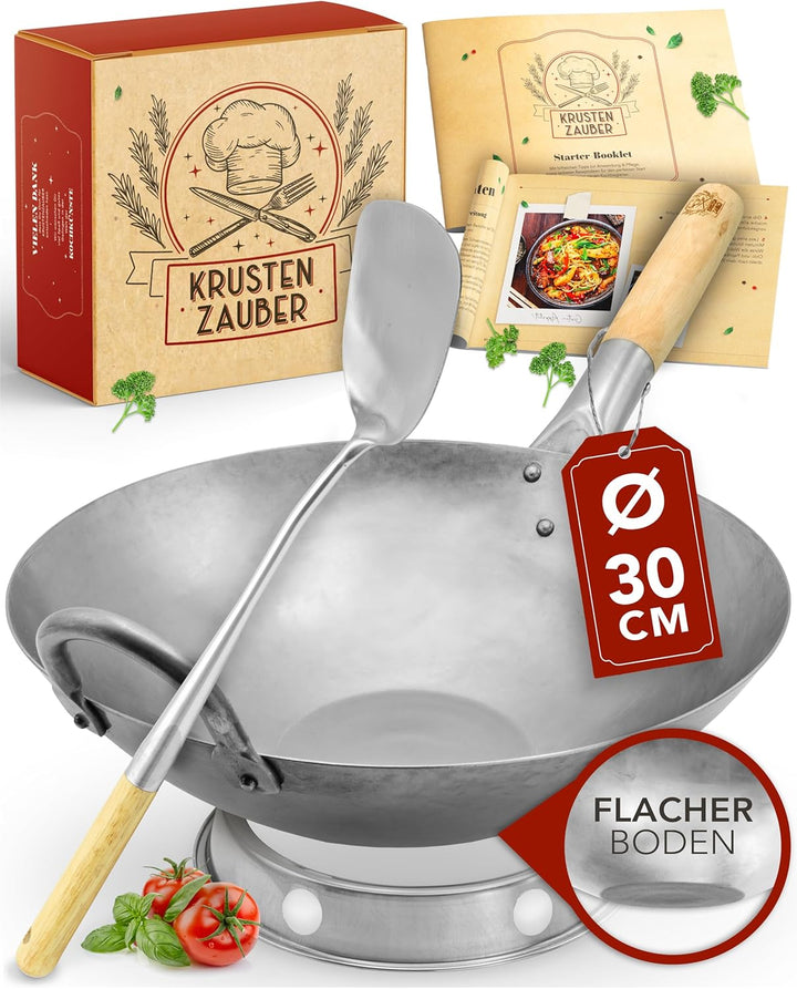 KRUSTENZAUBER 30cm Wokpfanne Induktion flacher Boden - Traditionelle Stahlwokpfanne mit Wokwender u.