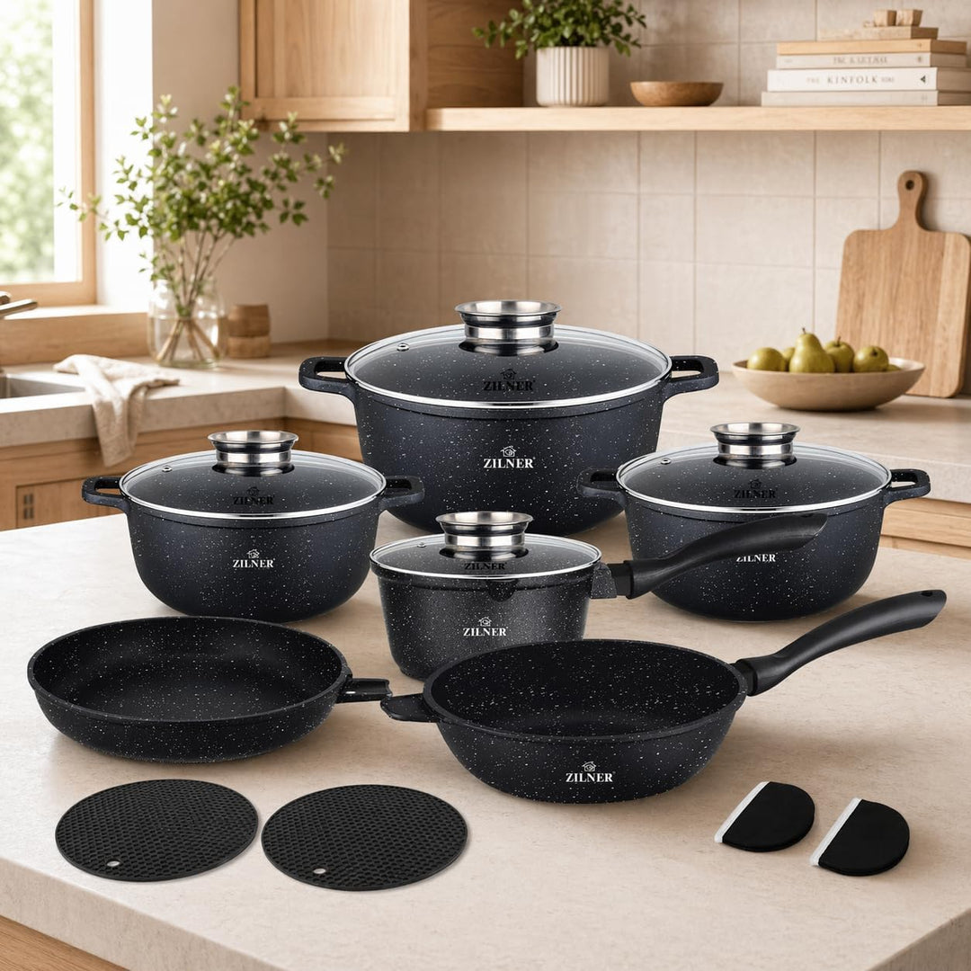 Topfset Induktion 14-teilig – Marmorbeschichtung Töpfe & Pfannen Set mit Glasdeckel, Kochtopf Set fü