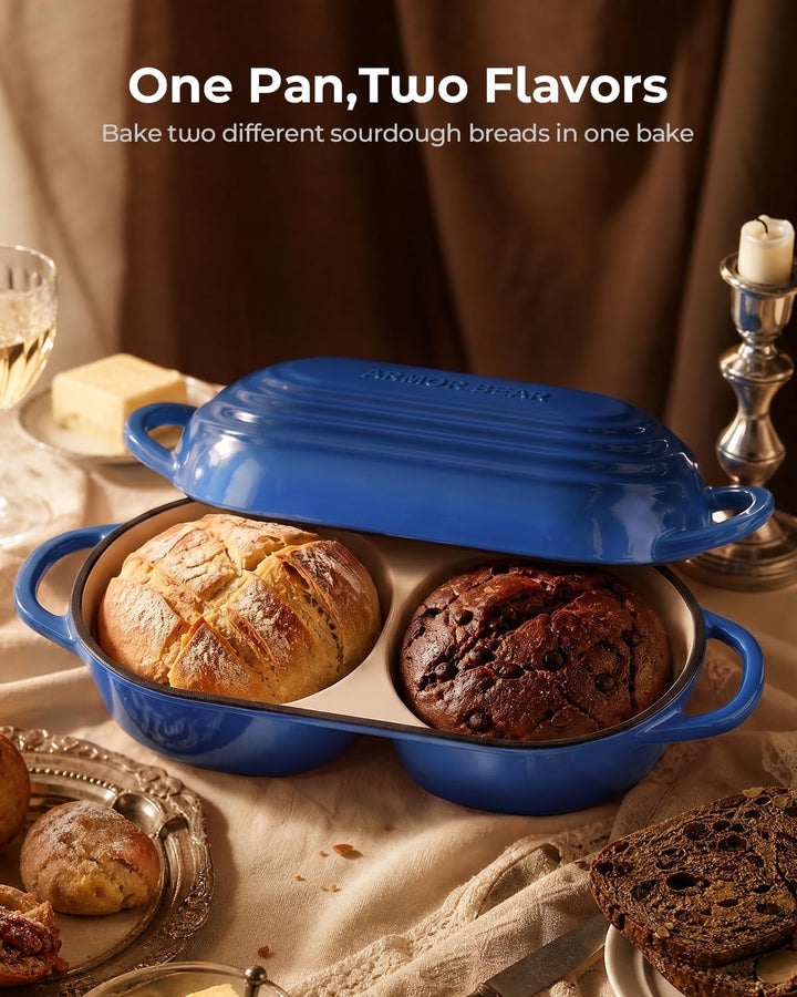 Double Dutch Oven, Brotbacktopf aus Gusseisen für Sauerteig, Blau Blau Doppel Brotbacktopf, Blau Dop