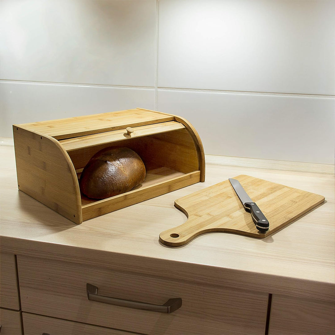 Relaxdays Brotkasten Bambus HBT: 16,5 x 40 x 27,5 cm Rollbrotkasten, natur & Küchenhelfer Bambus 5-t