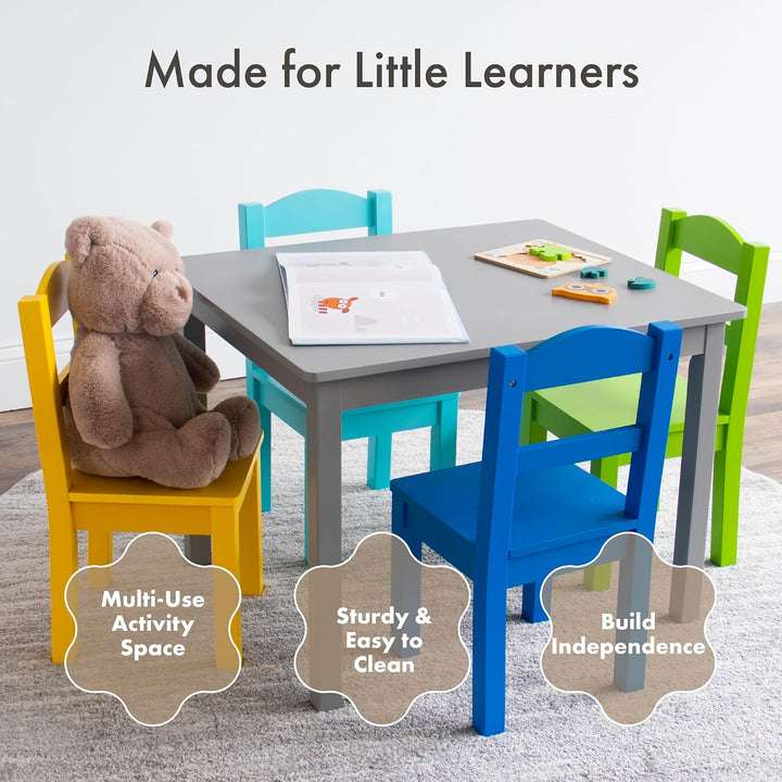 Humble Crew bunter Holztisch für Kinder, Grau/Blau/Grün/Gelb! Mit 4 Stühlen, ideal für Kinderzimmer.