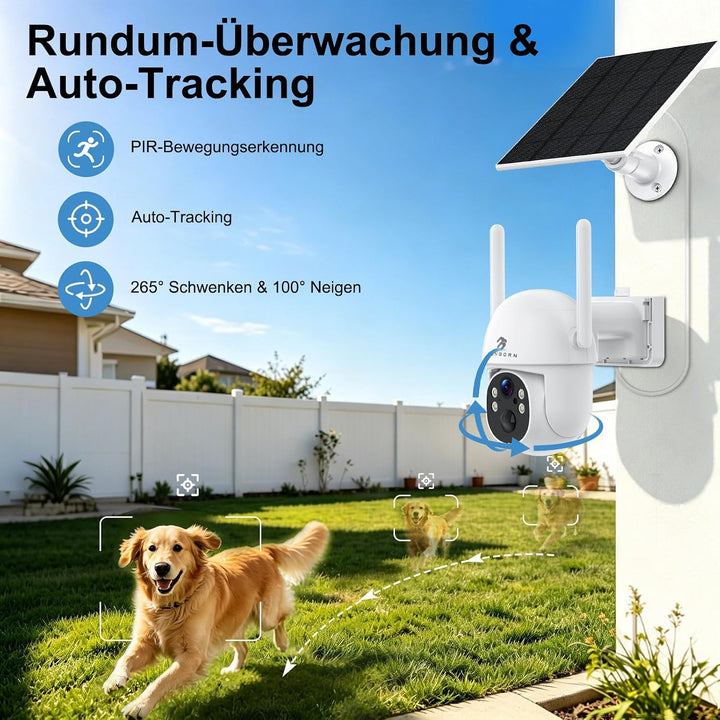 2K Kabellose Überwachungskamera Aussen Solar WLAN, Auto-Tracking, WiFi 6 | 2,4/5 GHz, PTZ 265°, PIR-