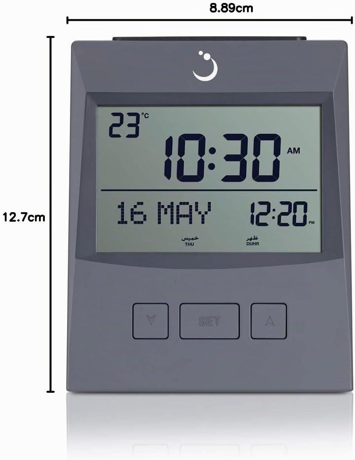 ALFAJR Azan Clock CS-13 Tischuhr, automatischer Athan Gebetsalarm, Grau