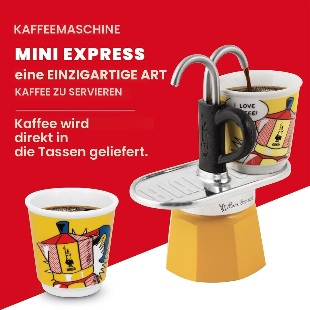 Bialetti Mini Express Farbe Gelb, Espressokocher + 2 Gläser