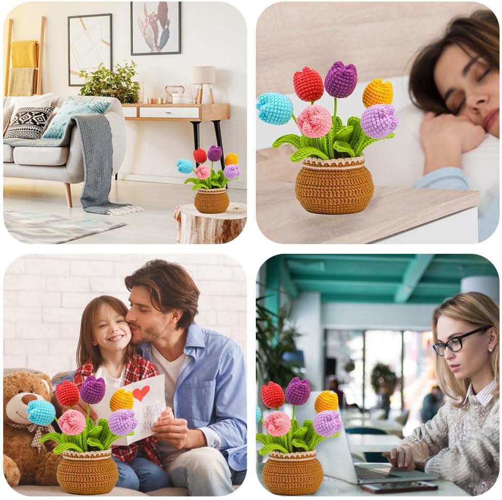 Mecmbj Häkelanfänger-Set, gehäkelte Tulpe, Blumenvasen-Ornament für Damen, Häkelnadel für Anfänger f