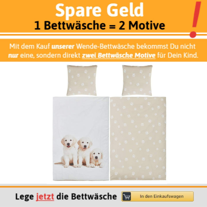 Aminata kids Bettwäsche Hund 135x200 Hunde-Pfoten-Motiv Hundewelpen Kinder-Bettwäsche-Set Baumwolle